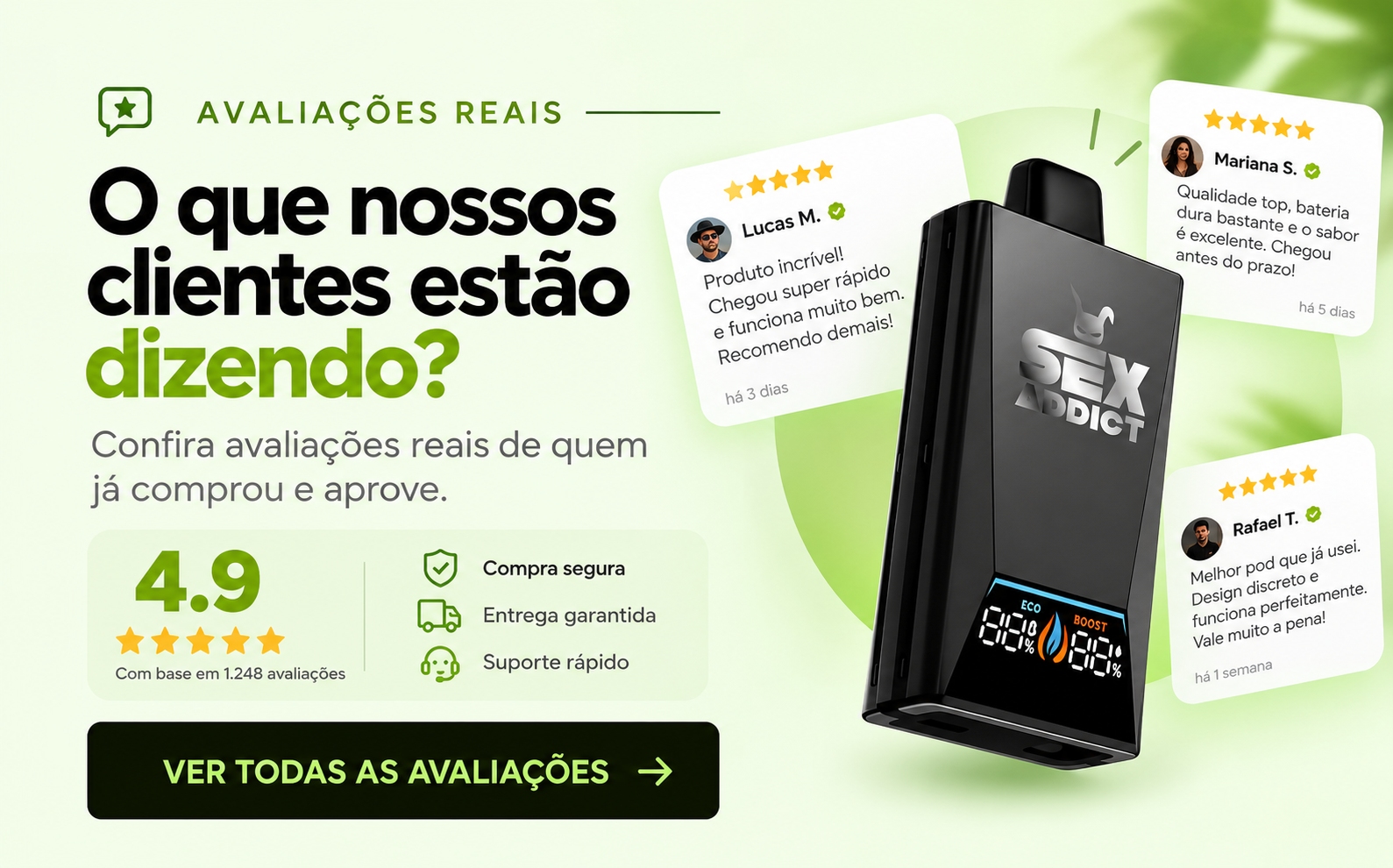 Avaliações reais de clientes e nota média 4,9